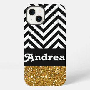 Etui iPhone 13 Chevron noir personnalisé avec paillettes dorées i
