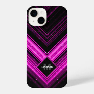 Coque Pour iPhone 14 Chevron noir rose chaud brillant métallique Monogr