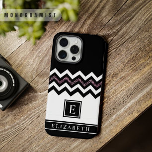 Coque iPhone 15 Pro Max Chevron Pailleté Noir Blanc Violet Personnalisable