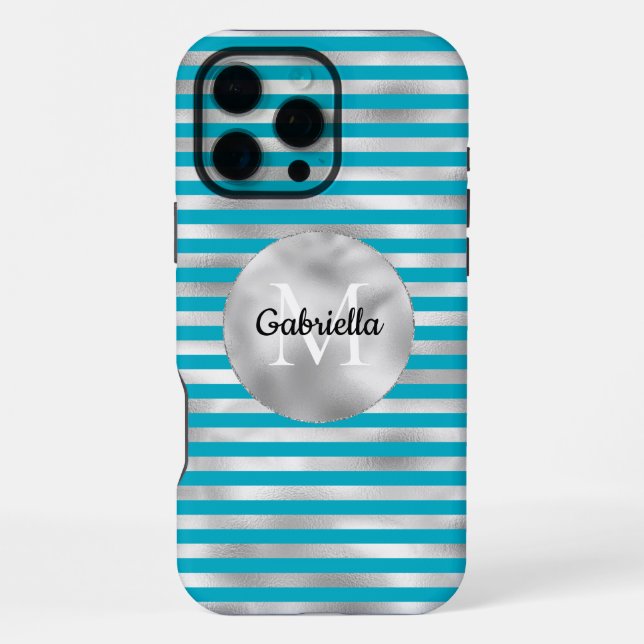 Coque iPhone Chic Aqua Silver Stripes Monogramme (Verso)