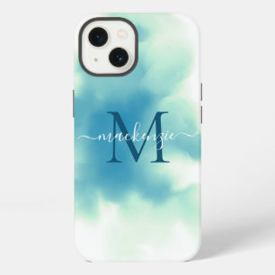 Etui iPhone 13 Chic Aquarelle Bleu Abstrait Monogrammé