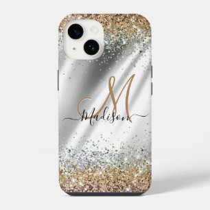 Coque Pour iPhone 14 Chic argent or fausse parties scintillant monogram