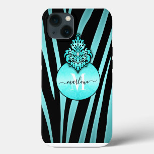 Etui iPhone 13 Chic Bleu et Noir Zèbre rayures Nom Monogramme
