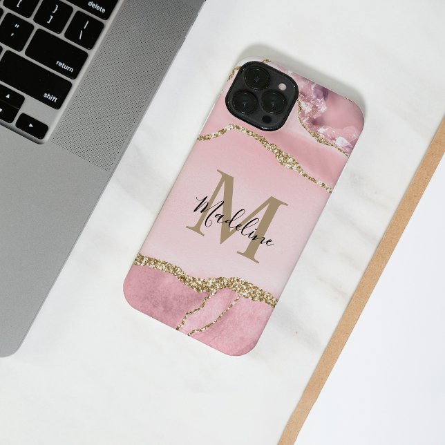 Coque iPhone Chic Blush Rose Agate Géode Or Script Monogramme (Créateur téléchargé)