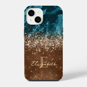 Coque Pour iPhone 14 Chic Bronze Turquoise Parties scintillant Marbre m