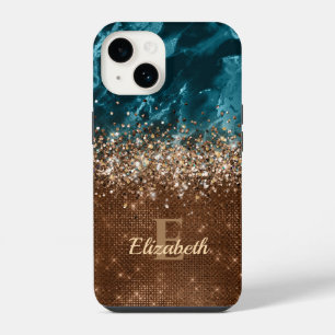Coque Pour iPhone 14 Chic Bronze Turquoise Parties scintillant Marbre m