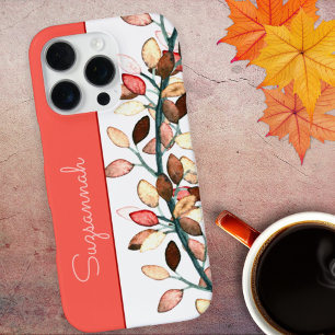 Coque iPhone 16 Pro Chic Coral White Fall Feuilles Nom Personnalisé