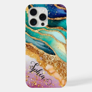 Coque iPhone 15 Pro Max Chic Étincelant Paillettes Doré Arc-en-ciel Agate