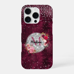 Coque iPhone 16 Pro Chic faux argent Parties scintillant Bourgogne Flo
