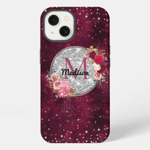 Etui iPhone 13 Chic faux paillettes argent monogramme floral bord