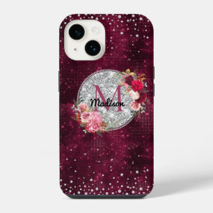 Coque Pour iPhone 14 Chic faux paillettes argent monogramme floral bord