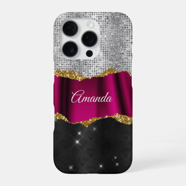 Coque iPhone Chic faux strass argent rose noir monogramme (Verso)