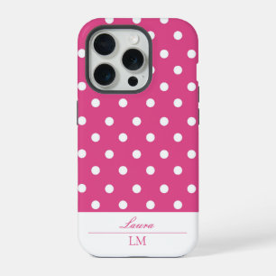 Coque iPhone 15 Pro Chic fille rose et Pois blancs dur
