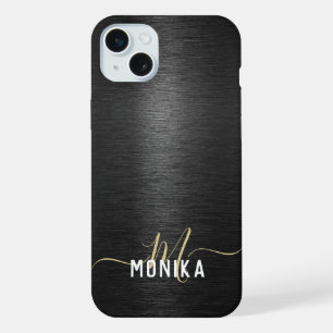 Coque iPhone 15 Plus Chic Moderne Monogramme Noir Métallic Or Brossé
