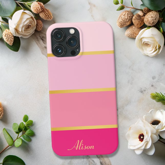 Coque iPhone Chic moderne rose rayures or Nom (Créateur téléchargé)