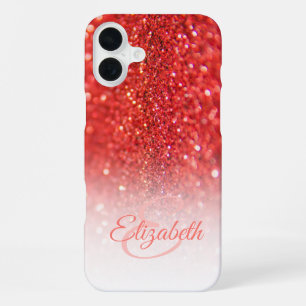 Coque iPhone 16 Plus Chic Monogram Coral Parties scintillant Ombre Prén