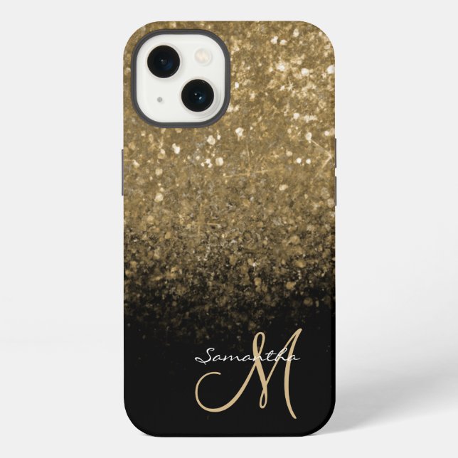 Coque iPhone Chic Monogramme Pailleté Or & Noir  (Verso)