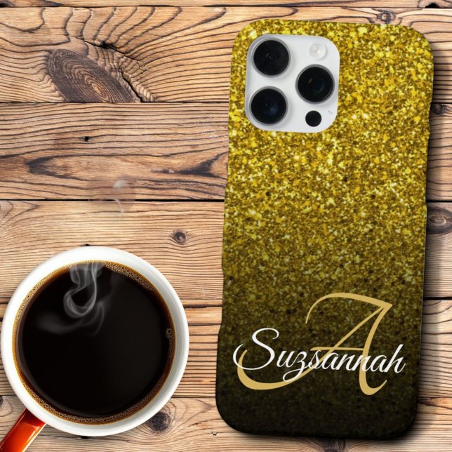 Coque iPhone Chic Monogramme Pailleté Or Ombre Prénom (gold faux glitter monogram phone case design)