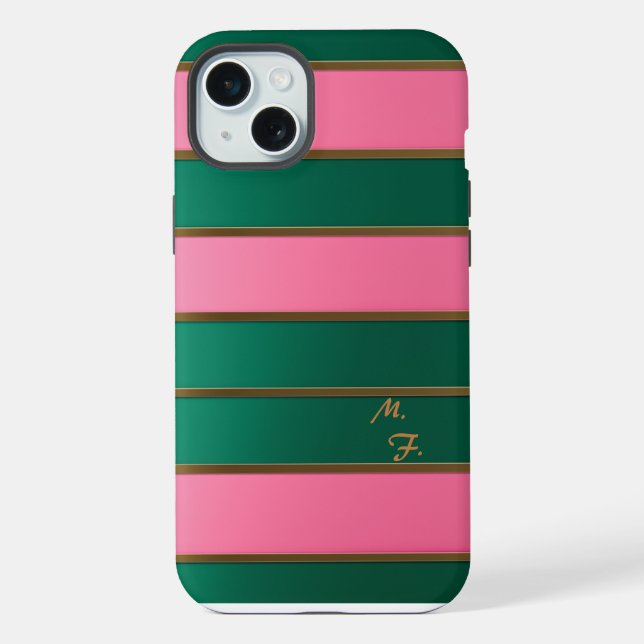 Coque iPhone Chic Monogrammed Bold Rose & Vert, Gold Stried (Verso)