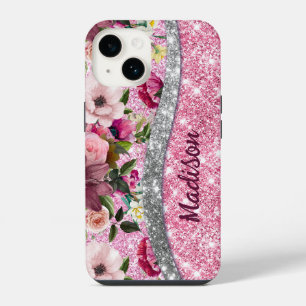 Coque Pour iPhone 14 Chic pailleté floral Monogramme rose violet argent