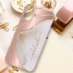 Coque iPhone 16 Plus Chic Rose Parties scintillant or brossé Métal Nom