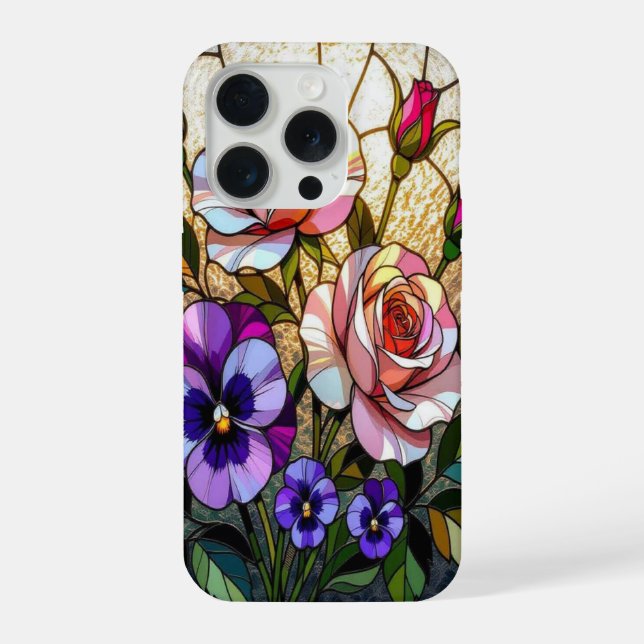 Coque iPhone Chic roses wild violets stained Glass (Verso)