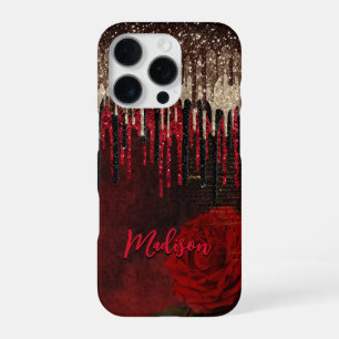 Coque iPhone 16 Pro Chic rouge fleurs or gouttes parties scintillant m