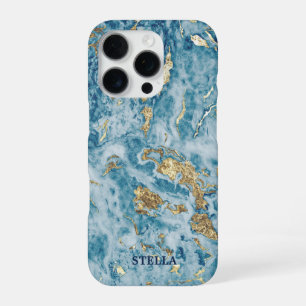Coque iPhone 16 Pro Chic Tendance Bleu Or Texture Personnalisé