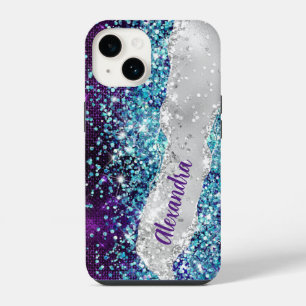 Coque Pour iPhone 14 Chic Turquoise violet argent Parties scintillant M