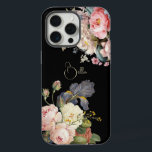 Coque iPhone 15 Pro Max Chic Vintage Personnalisé Roses & Iris<br><div class="desc">De beaux pulvérisateurs intemporels et élégants de roses roses artistiques et blanches,  des pivoines et des iris à barbe violet au feuillage délicat. Inclut un champ de texte modifiable pour votre personnalisation et la couleur arrière - plan est personnalisable.</div>