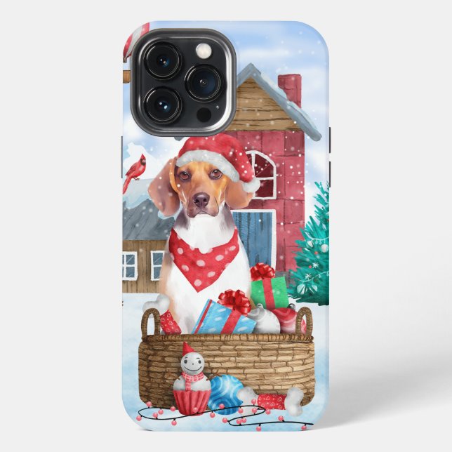 Coque iPhone Chien Beagle dans la maison de Noël enneigée (Verso)
