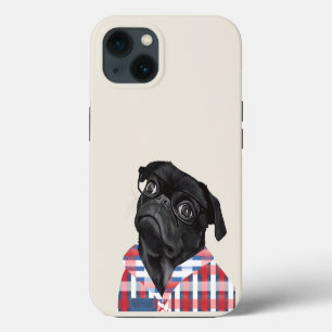 Etui iPhone 13 Chien Carlin Noir Mignon Avec Lunettes Et Chemise