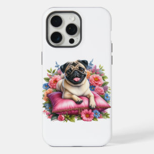 Coque iPhone 15 Pro Max Chien Carlin sur un Coussin avec des Fleurs en Aqu