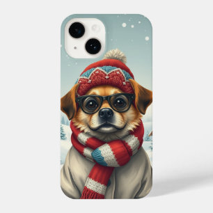 Coque Pour iPhone 14 Chien cool dans l'attirail hivernal et Casquette d