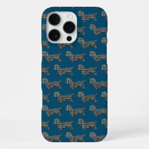 Coque iPhone 16 Pro Max Chien Dandie Dinmont Silhouette Grille Bleue Migno