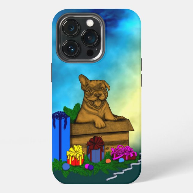 Coque iPhone Chien dans une boîte, Joyeux Noël (Dos)