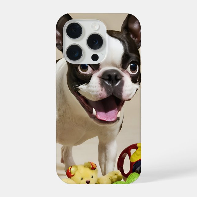 Coque iPhone Chien de Boston Terrier jouant avec des jouets (Verso)