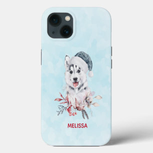 Etui iPhone 13 Chien de Noël Husky dans un chapeau de Père Noël