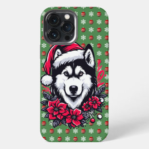 Etui iPhone 13 Pro Max Chien Husky Festif Floral avec Chien de Noël Chien
