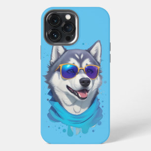 Etui iPhone 13 Pro Max Chien Husky Portant du verre soleil dans la lueur