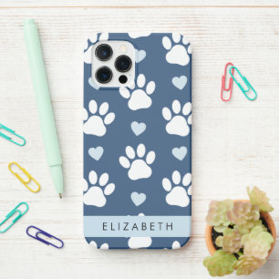 Coque iPhone 12 Pro Chien Paws, White Paws, Blue Hearts, Votre Nom