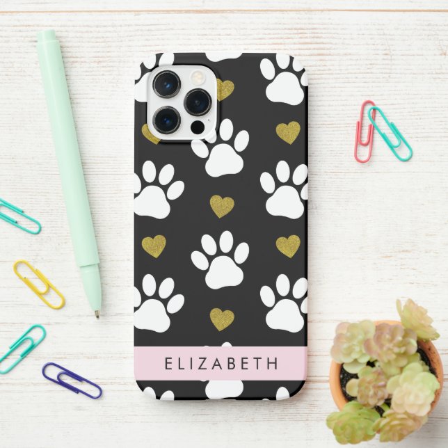 Coque iPhone Chien Paws, White Paws, Gold Hearts, Votre Nom (Sur le bureau)