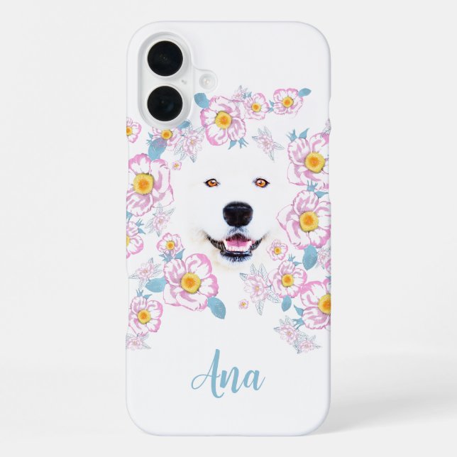Coque iPhone Chien Samoyed et fleurs roses, nom customisé (Verso)