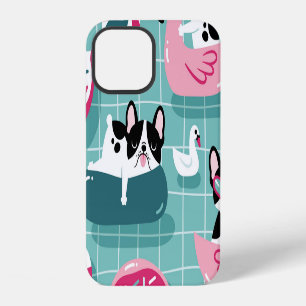 Coque iPhone 12 Chiens avec flotteurs de piscine, motif vintage.