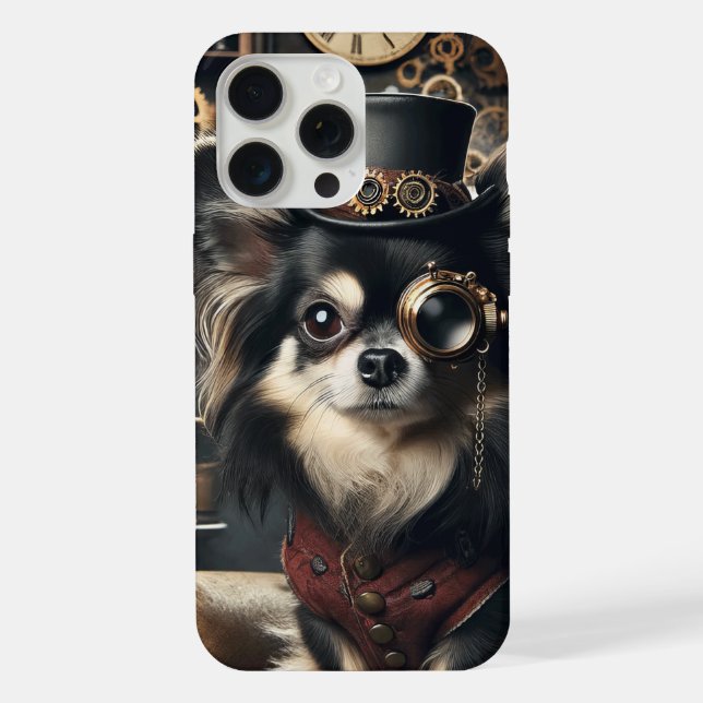 Coque iPhone Chihuahua Steampunk Drôle à Poils Longs (Verso)