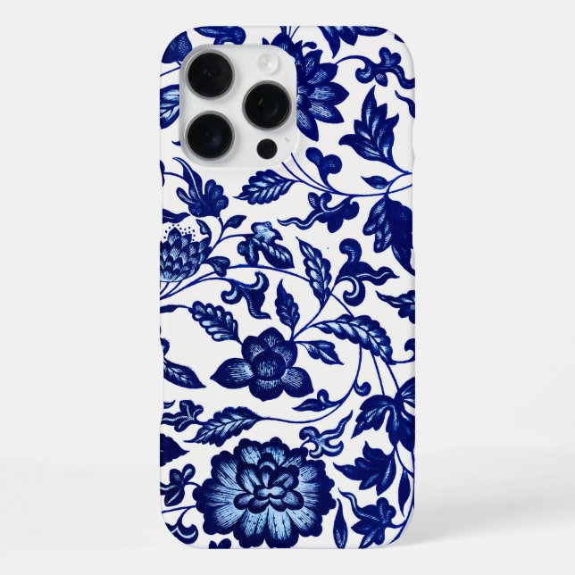 Coque iPhone Chinois bleu marine foncé motif floral sur blanc (Verso)