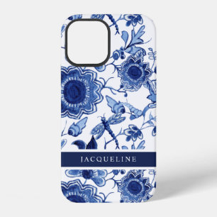 Coque iPhone 12 Chinoiserie Bleu Marine Blanc Floral Feuille Libel
