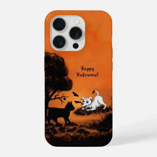Coque iPhone Chiot avec chat et chauve-souris noirs, Happy Hall (Verso)