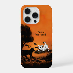 Coque iPhone 15 Pro Chiot avec chat noir et chauve-souris, Joyeux Hall
