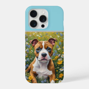 Coque iPhone 15 Pro Chiots Staffordshire Bull Terrier Marron Et Blanc,